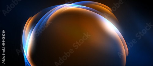 Abstract glowing orb. Orange, blue hues blend. Smooth curves create dynamic light effect. Dark background emphasizes luminosity.