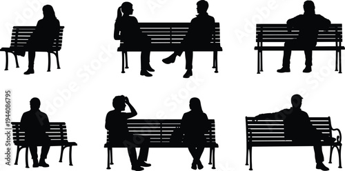 People sitting on park bench silhouettes, men and women relaxing and talking outdoors, urban public seating scene vector illustration isolated