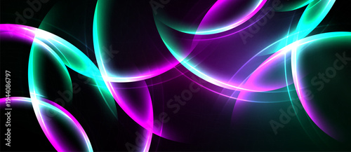 Abstract swirls, vibrant magenta, teal hues dominate dark background. Smooth curves create dynamic, flowing composition. Light radiates.
