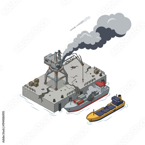 isometric vector flat a damaged port burned by a missile attack 04