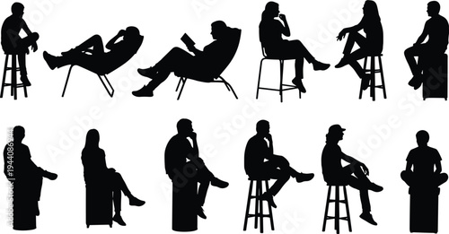 People sitting on stools and chairs silhouettes, relaxed men and women seated poses, casual lifestyle vector illustration isolated on white
