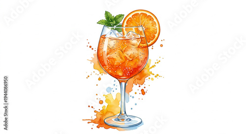 Watercolor illustration of an Aperol Spritz cocktail with orange slice and ice, vector clipart