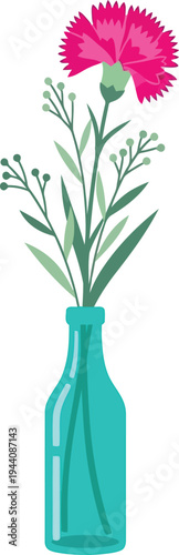 Pink Carnation Flower in Blue Glass Vase Isolated on White Background Vector Illustration