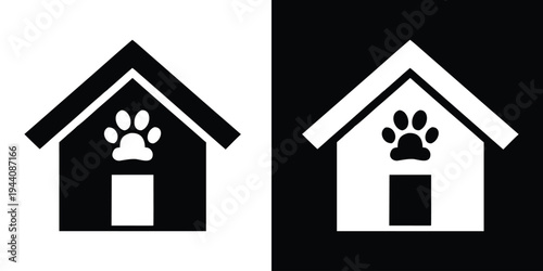 Dog shelter icon, black dog house icon vector