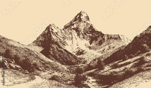 Mount Everest landscape illustration in a vintage style. This vector illustration can be used in any size you like for advertising, logos, and other work.