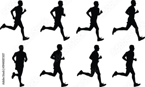 Running man silhouette set, male athlete jogging collection in different poses, fitness training, marathon runner movement sequence concept