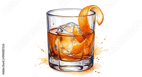 Watercolor illustration of an Old Fashioned cocktail with ice and orange peel in a rocks glass, vector clipart