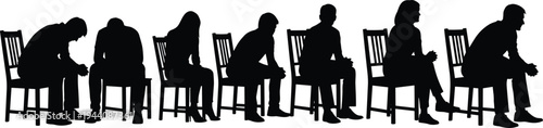 Silhouette group of people sitting on chairs in a row, waiting room concept, job interview queue, anxiety, social isolation, patience, stress