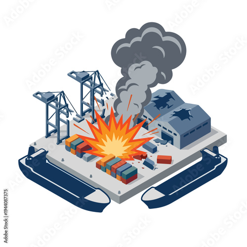 isometric vector flat a damaged port burned by a missile attack 01