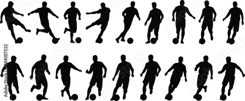 Soccer player silhouette set, football players dribbling ball in action poses, sport athlete movement collection isolated on white