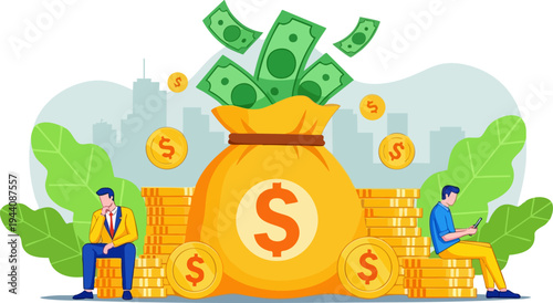 Money Bag with Falling Cash and Gold Coins, Two Men Sitting on Coin Stacks, Cityscape Background, Financial Growth Vector Illustration
