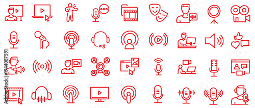 Podcast web icons in line style. Microphone, radio, webcast, audio, video, news, collection. Vector illustration.