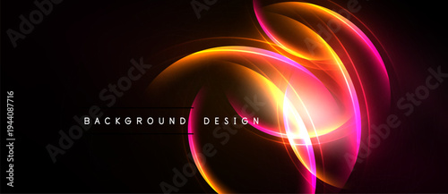Abstract glowing lines form dynamic shapes. Dark background emphasizes vibrant orange, pink hues. Text reads background design.