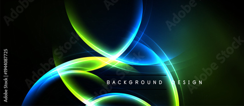 Abstract design features vibrant curves, glowing lines, dark background. Modern aesthetic, dynamic composition, energy radiates from center.