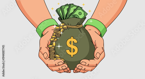 Hands holding a green money bag with a golden dollar sign, overflowing with gold coins and green banknotes, symbolizing wealth, savings, and financial success vector illustration.