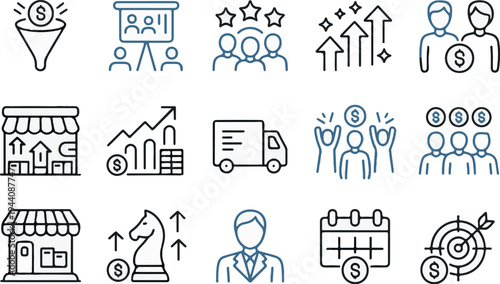 Business icons set for finance, marketing, and commerce, including graphs, people, and money symbols