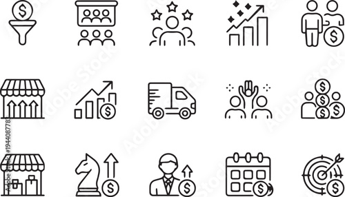 Business icons set for finance, marketing, and commerce, including graphs, people, and money symbols