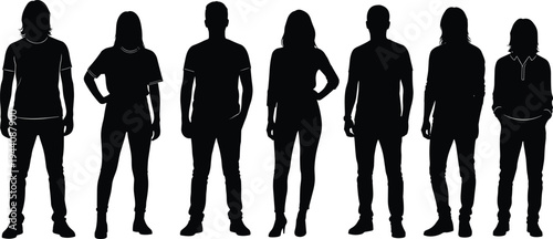 Standing young people silhouettes collection, men and women full body front view poses, modern lifestyle characters vector illustration isolated