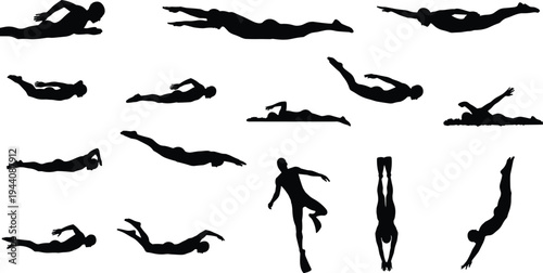 Swimming silhouettes collection, swimmers diving freestyle underwater poses sport training figures isolated black vector illustration set