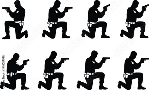 Tactical police officer silhouette set, kneeling armed law enforcement aiming pistol poses, security and combat stance collection isolated on white background