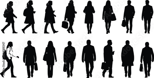 Walking people silhouette set, men and women commuters with bags and backpacks, urban pedestrian movement collection isolated on white