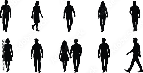 Walking people silhouettes collection, men and women casual walking poses couple and individual figures isolated black vector illustration