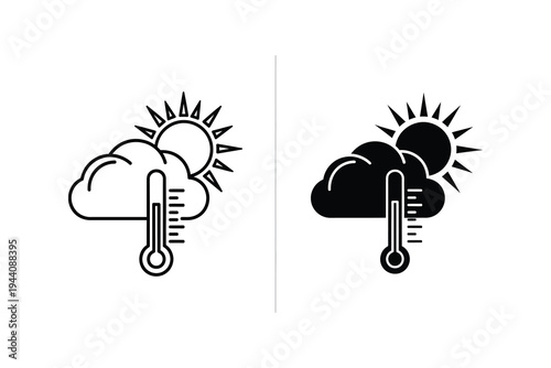 Sunny Cloud and Thermometer Weather Line and Glyph Icon Set for Climate Apps