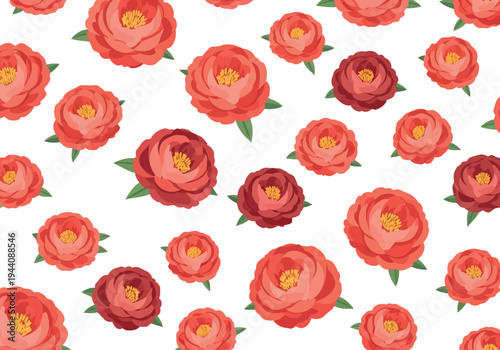 Seamless Camellia Floral Pattern with Red and Pink Flowers on White Background for Textile and Wallpaper Design