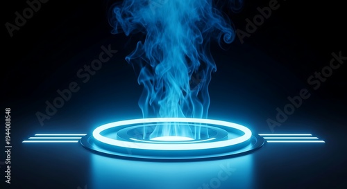 Glowing blue circular portal with smoke rising from it on a dark background