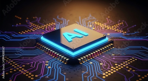 A futuristic microchip with glowing blue light on a circuit board with purple and gold connections