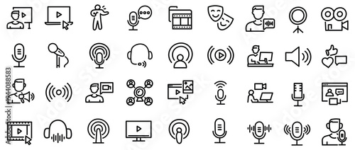 Podcast web icons in line style. Microphone, radio, webcast, audio, video, news, collection. Vector illustration.