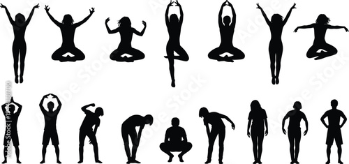 Yoga and stretching people silhouette collection, men and women fitness poses, meditation and exercise positions, healthy lifestyle vector illustration isolated