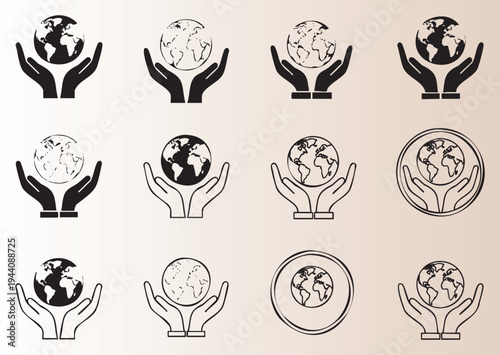 Hands holding globe icons in various styles for environmental protection