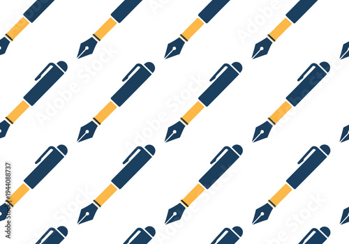 Seamless vector pattern of fountain pens in blue and yellow on white background for stationery design
