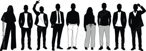 Young people silhouette collection, modern men and women standing casual poses, urban lifestyle characters vector illustration isolated on white