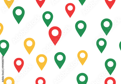 Seamless Pattern of Red, Green, and Yellow Map Location Pins on White Background for Navigation Design