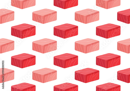 Seamless Pattern of Tuna Sashimi Cubes in Red and Pink on White Background for Sushi Design