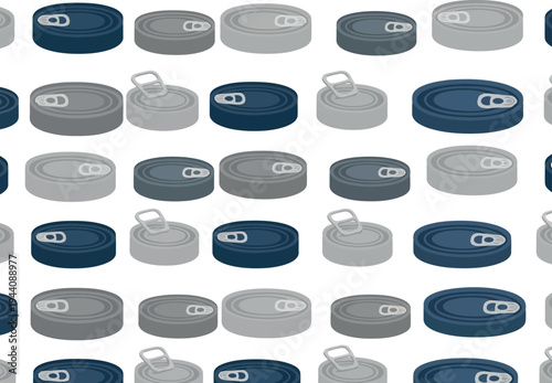 Seamless Pattern of Canned Food Tins in Blue and Gray Tones on White Background for Packaging Design