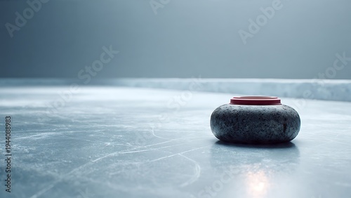 Close up of professional curling stone on ice with red handle and copy space