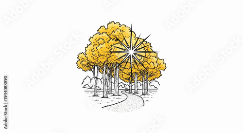 A winding path leads through a grove of autumn trees toward a luminous star