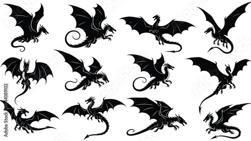 A collection of stylized dragons in mid-flight against a plain background Vector