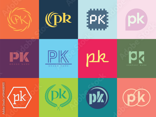 PK logo company template. Letter p and k logotype. Set different classic serif lettering and modern bold text with design elements. Initial font typography.