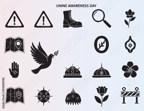 Unexploded ordnance and landmine awareness icons set isolated