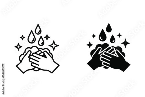 Hand Washing with Soap and Water Drops Line and Glyph Icon Set for Hygiene