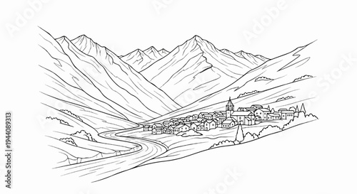 A winding road leads to a charming village nestled among majestic mountains