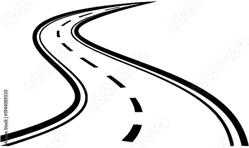 A winding road with white dashed lines curves through a blank white background