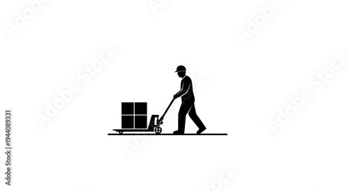 Silhouette of a person pushing a hand truck with boxes