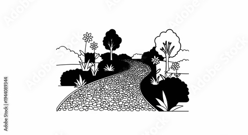 A winding stone path leads through a garden with trees and flowers