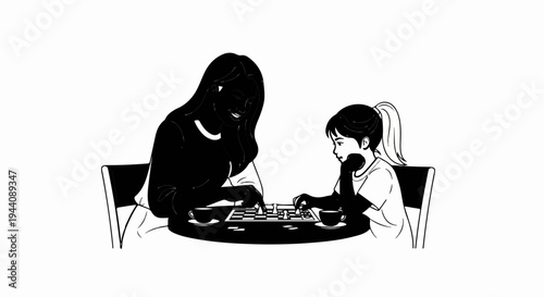 A woman and child play chess at a table with coffee cups