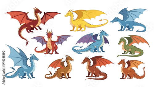 Colorful illustration of a diverse dinosaur family in vibrant poses and colors Vector